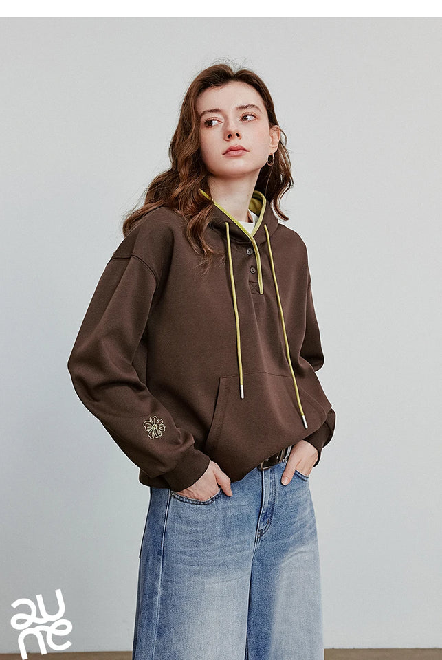 TOYOUTH Women Hoodies Sweatshirt 2025 Autumn New Contrasting Color Embroidery Splicing Hooded Pullover Tops