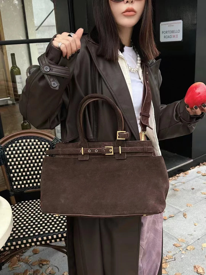Winter Matte Coffee Camel Grey Large Tote Russian Style Real Suede Cow Leather Women Handbag Nubuck Commuter Office Shoulder Bag