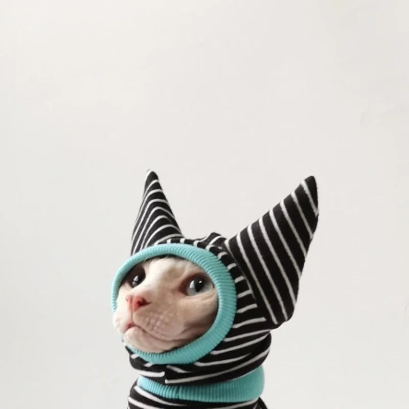 Four Legged Striped Shirt Hat Tail Cover Suit for Sphynx Cat Spring Black Sweatshirt for Kittens Hairless Warm Autumn Costumes