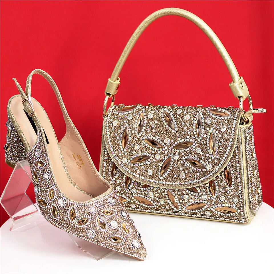 Elegant And Sexy Golden Color High Heels Shoes And Bag With Rhinestone Embellished Toe Is Comfortable Women's Shoes For Party