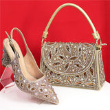 Elegant And Sexy Golden Color High Heels Shoes And Bag With Rhinestone Embellished Toe Is Comfortable Women's Shoes For Party
