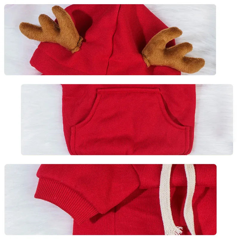 Dog Red Christmas Elk Costumes Winter Pets Hoodie Warm Sweatshirts with Pockets for Small Medium Dogs Puppy Cats Party Clothes