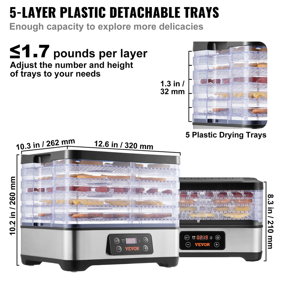 SucceBuy 5 Tray Food Dehydrator Machine 300W Stainless Steel Electric Food Dryer w/ Digital Adjustable Timer & Temperature
