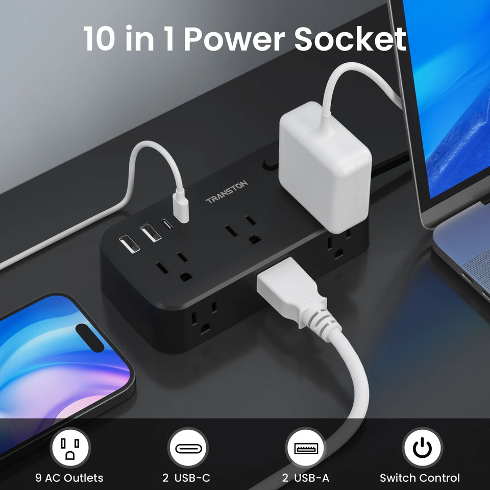 black-power strip surge protector with 6 AC Outlets,2 USB & 2 USB-C Fast Charging Ports,10 in 1,45°tilt plug,Advanced Protection