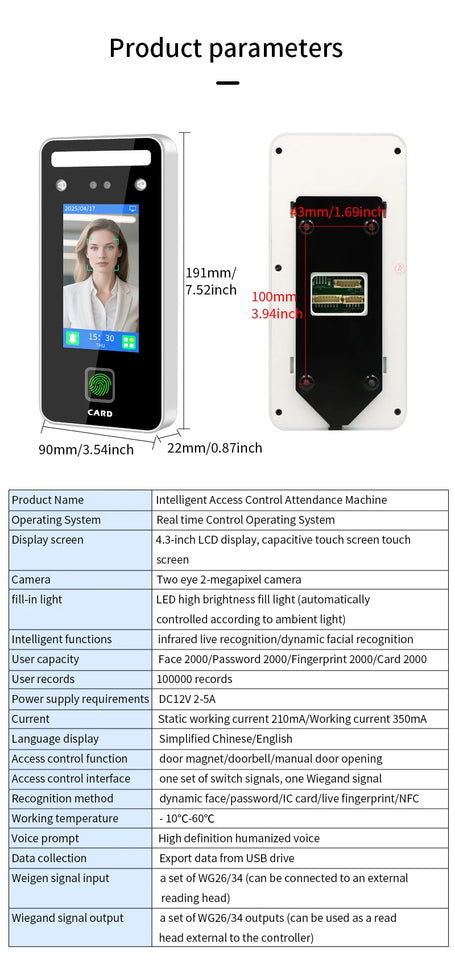 AI-Powered Biometric Fingerprint and Face Recognition 4.3in Turnstile Card Reader for Time Attendance and Access Control