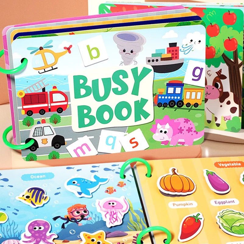 Interactive Silent Book Enhancing Recognition Numbers, English Letters, Fruits, Animals Weather Reusable Stickers Activity Books