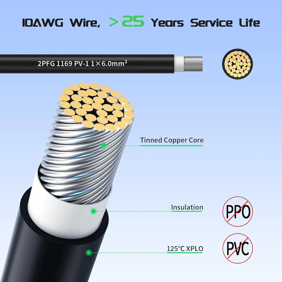 US Stock 10AWG Solar Extension Cable 100m 50m 6mm2 IP67 Waterproof Solar Power Cable Red Black For PV Panel Connection Home Boat