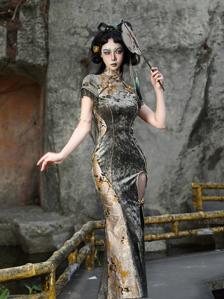 Blood Supply Original New Chinese Cheongsam Slim Dress Tie Tassel Jacquard Tunic Waist Sheath Long Trumpet Dresses Festival