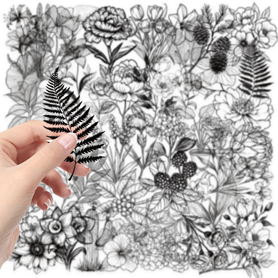 50pcs Black And White Vintage Retro Flower Plant Stickers Decals Laptop Scrapbooking Journal Planner Card Making PET Stickers﻿