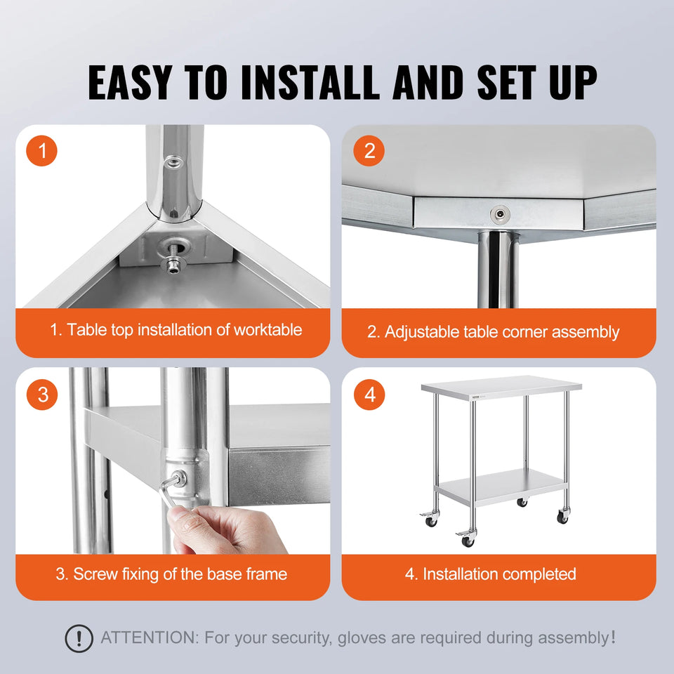 VEVOR Stainless Steel Work Prep Table with 4 Wheels 3 Adjustable Height Levels Heavy Duty Food Prep Worktable for Hotel Home