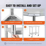 VEVOR Stainless Steel Work Prep Table with 4 Wheels 3 Adjustable Height Levels Heavy Duty Food Prep Worktable for Hotel Home