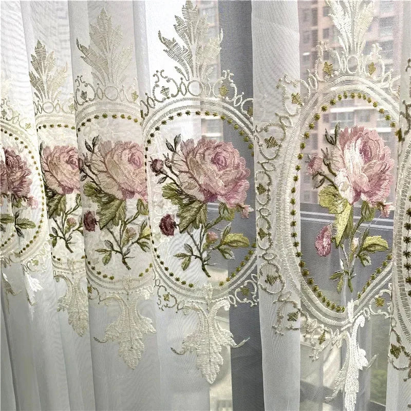 New Arrivals Peony Embroidery Tulle Curtain for Living Room European Elegant Flower Embroidery Sheer Voile Drapes for Bedroom