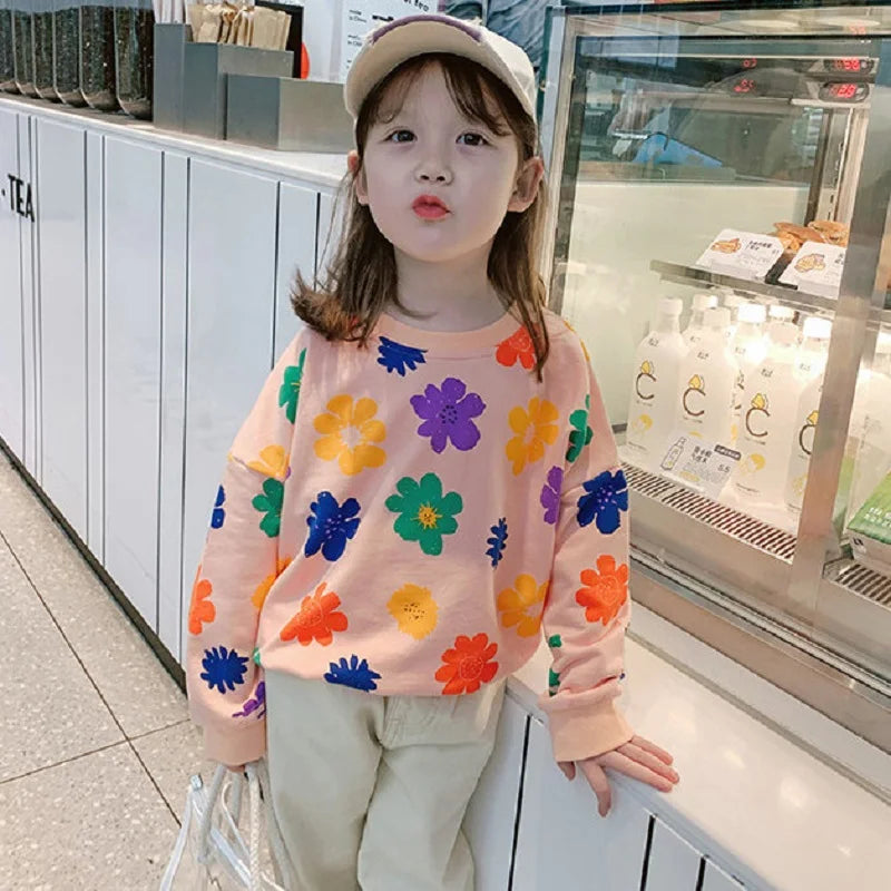 Spring Autumn Baby and Girls Sweet All-Over Flowers Sweatshirt School Kids Outfit Pullover Tops Child Workout Jumper 1-12 Years