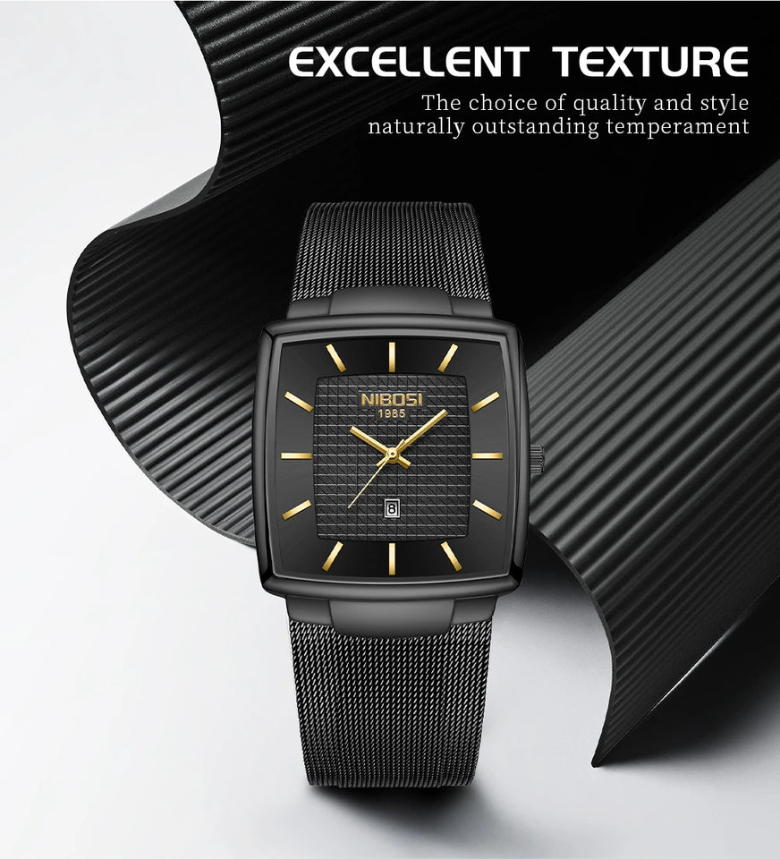 NIBOSI Mens Watches Top Brand Luxury Square Quartz Watch Men Slim Mesh Waterproof Sport Wristwatch Date Luminous Reloj Hombre