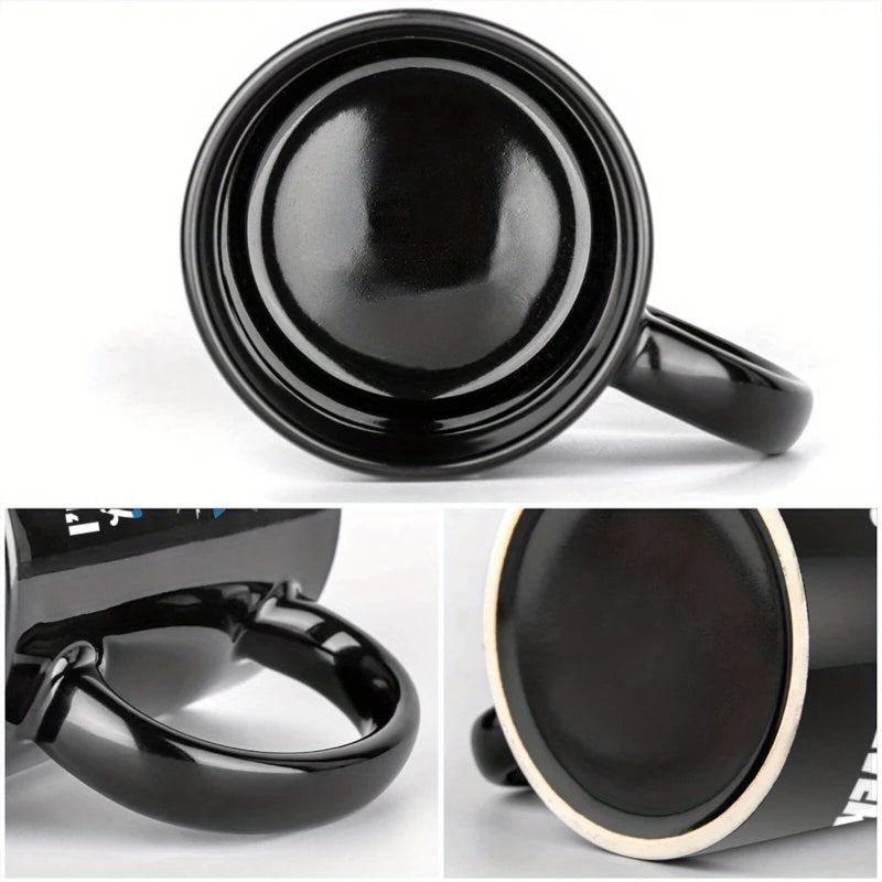 A black Egyptian temple designed ceramic cup with hieroglyphics and columns is suitable for drinking coffee, tea, or water at ho