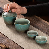 A set of exquisite ceramic tea ware, suitable for outdoor camping and home use, with a portable teapot.