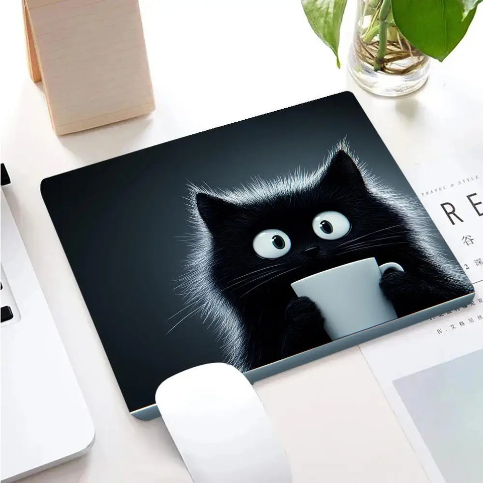 Kawaii Coffee Cat Mouse Pad Black Square Gaming Accessory Rubber Deskmats HD Non-Slip Computer Keyboard Mat New Laptop Mousepad