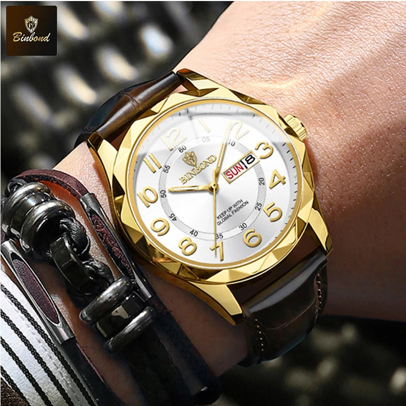 BINBOND New Fashion Mens Casual Sports Watches For Men Retro Big Dial Quartz Watches Classic Leather Business Men Watches B5663