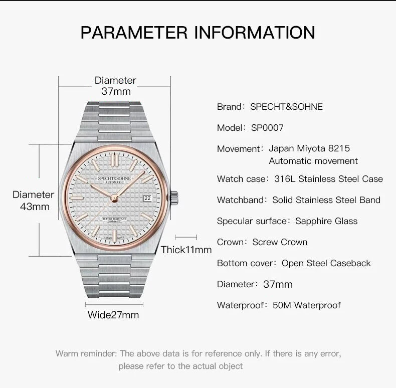 Specht&Sohne New Arrivals Men's Watch Miyota 8215 Automatic Mechanical Watches Stainless Steel 50M Waterproof Relogio Masculino