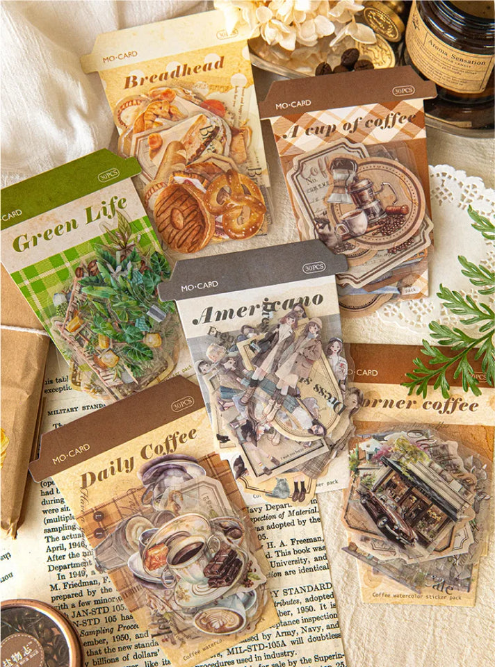30-Sheet Vintage Coffee Theme Sticker Pack, Retro Coffee Culture Designs & Crisp Details, Perfect for Journal Embellishment