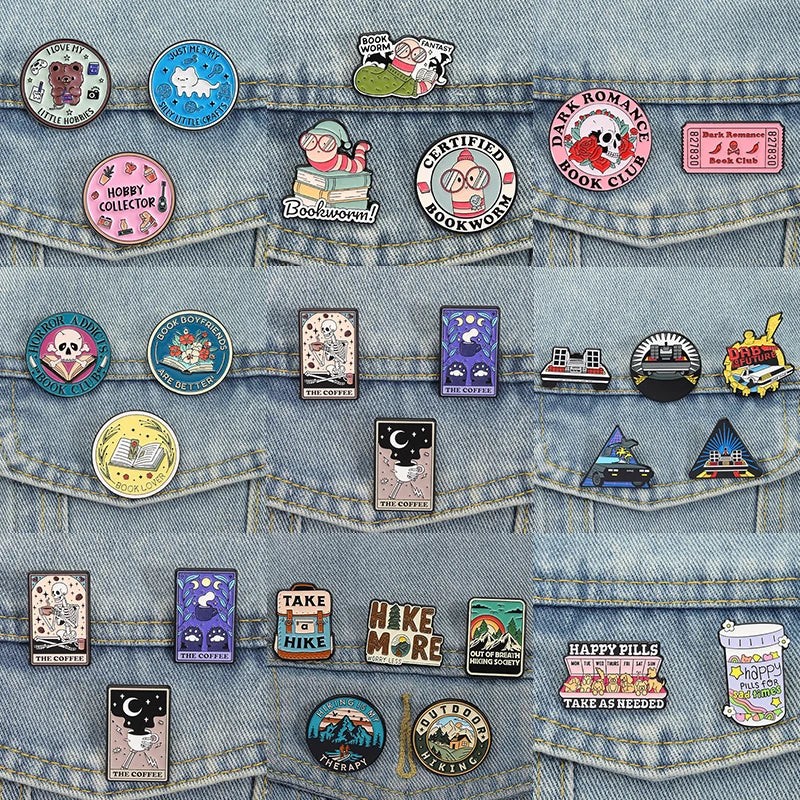 2-6pcs/set Hobby Collection Enamel Pins Reading Book Iced Coffee Knit Brooch Hiking Badges Music Korean Girls Band Jewelry
