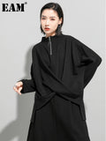 [EAM] Black Irregular Knot Sweatshirt New Stand Collar Long Sleeve Women Big Size Fashion Tide Spring Autumn 2026 1DJ1848