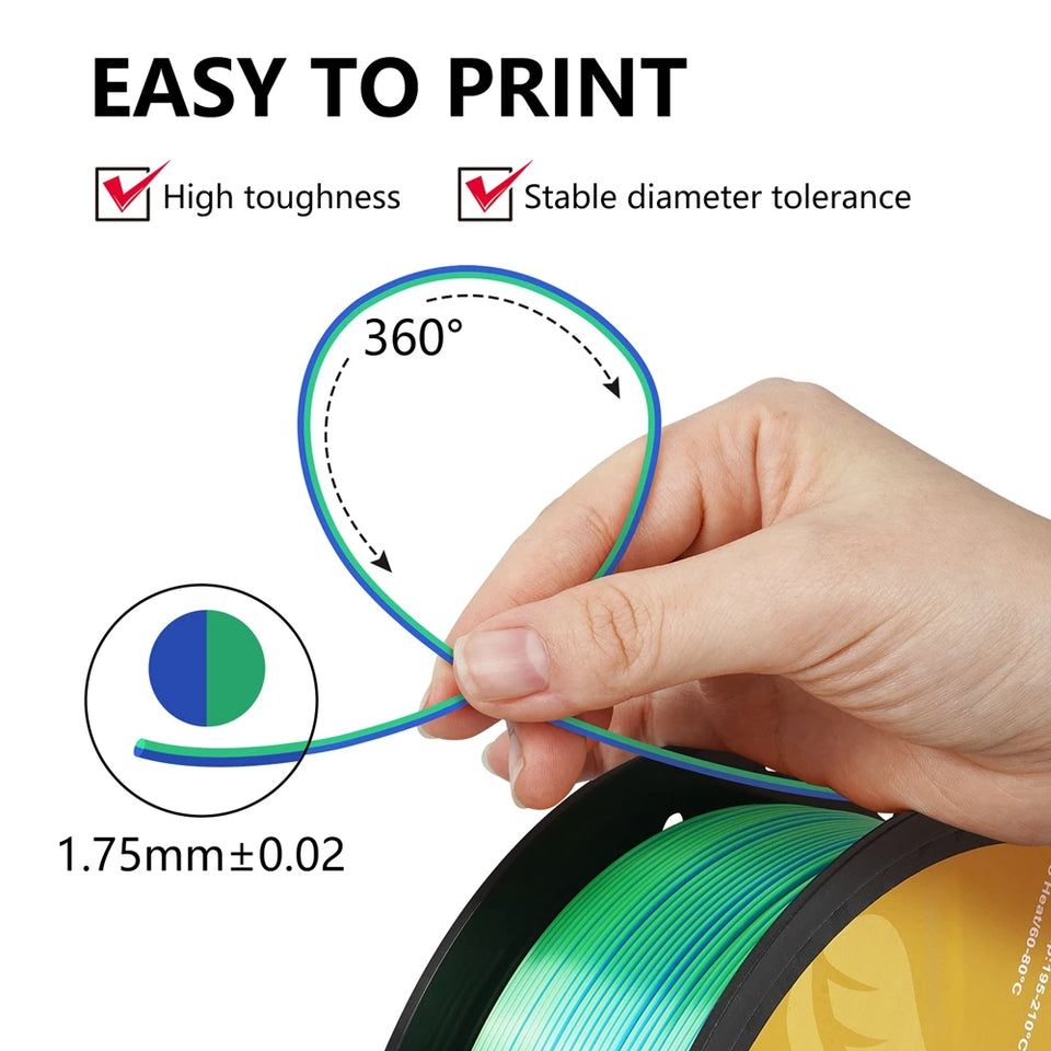 KINGROON Dual-color Silk PLA Filament 1.75mm 2 Color Coextrusion Glossy 3D Printer Filament PLA, 3kg/pack 1kg each spool