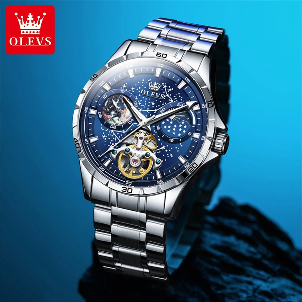 OLEVS 6689 Original Brand Men's Watches Starry Sky Disk Waterproof Luminous Automatic Mechanical Wristwatch Moon Phase Man Watch
