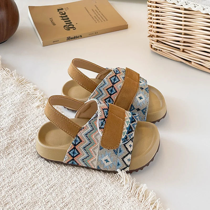 Summer Children Causal Sandals New Boho Toddler Beach Slippers for Girls Outdoor Daily Wear Non-slip Kids Retro Open-toe Sandals