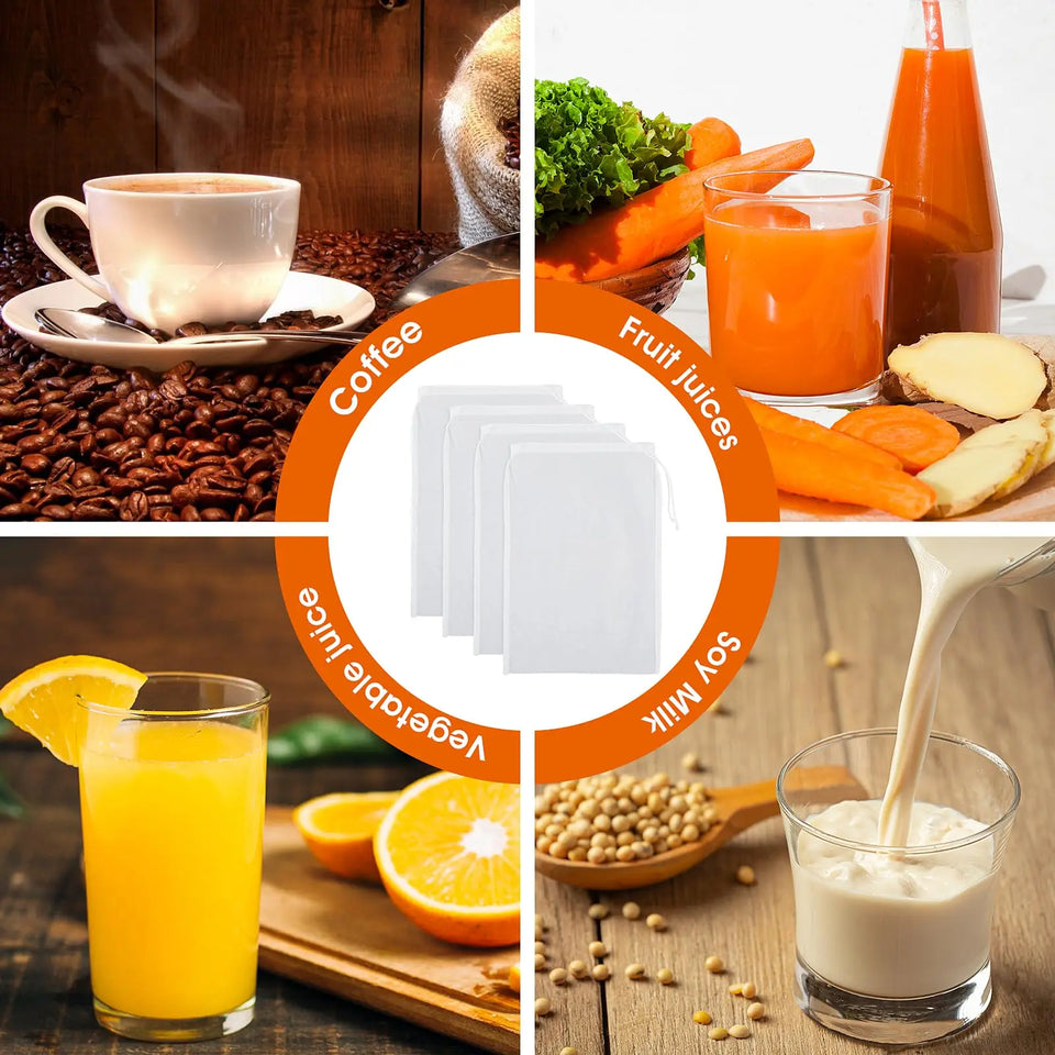 4 Pcs Nylon Nut Milk  Bag 100 Mesh Cheese Cloth Reusable Food Strainer Cold Brew Filter for Straining Juice Coffee Yogurt Tea