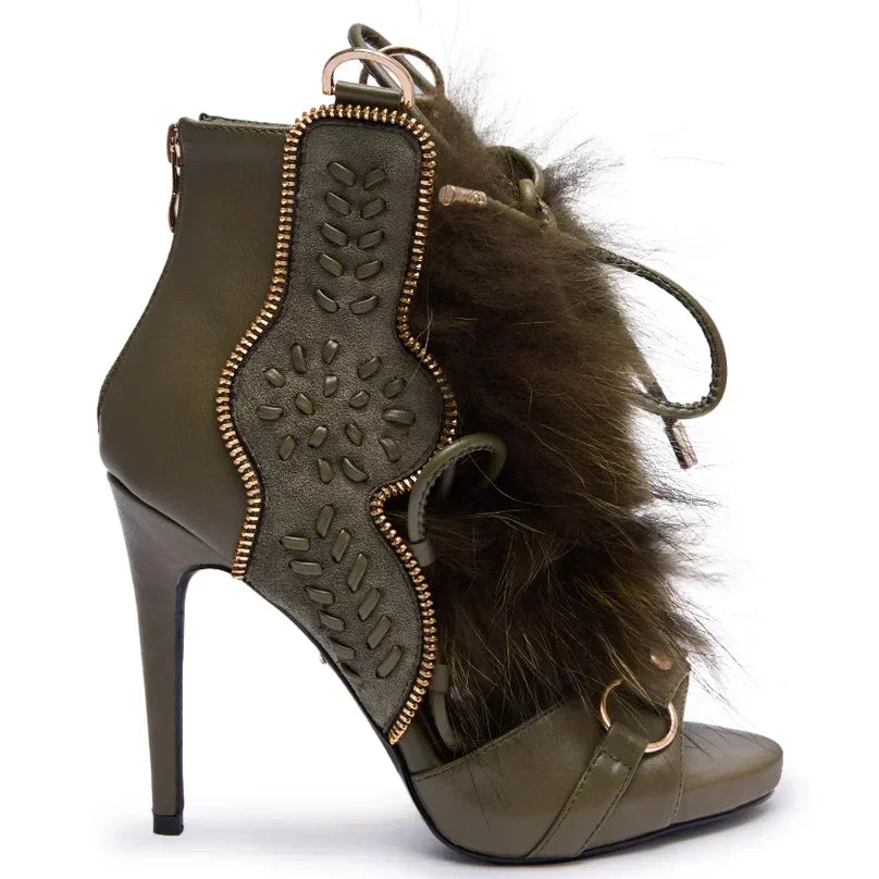 Fur Peep Toe Cross Tied Platform Sandal Boots Sexy Round Toe Thin Heel Zippeer New Arrivals Fashion Women Modern Boors