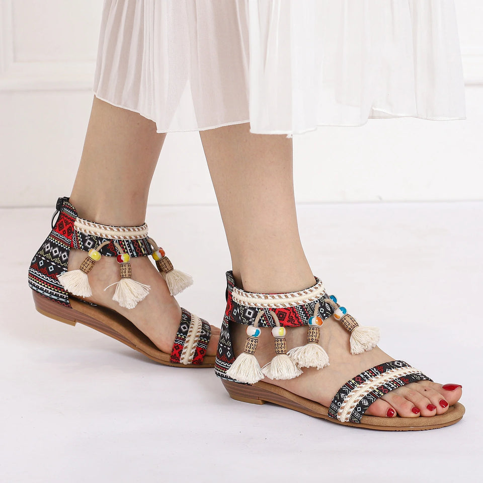 Summer New Women's Sandals Rome Bohemian Flow Su Flat Heel Soft Bottom Comfortable Anti slip Outerwear Tourist Vacation