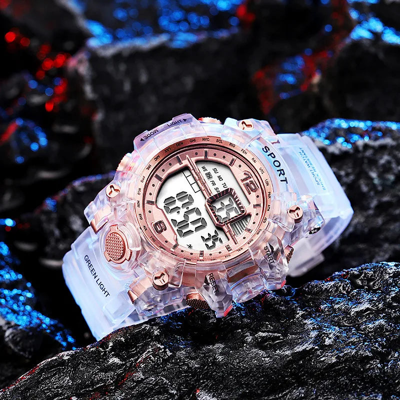 Large dial transparent electronic watch, multifunctional children's sports electronic watch