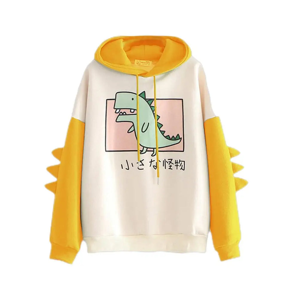 Winter Cute Dinosaur Cartoon Hoodie Women Fashion Sweatshirt Casual Print Long Sleeve Korean Style Splice Tops Kawaii Clothes