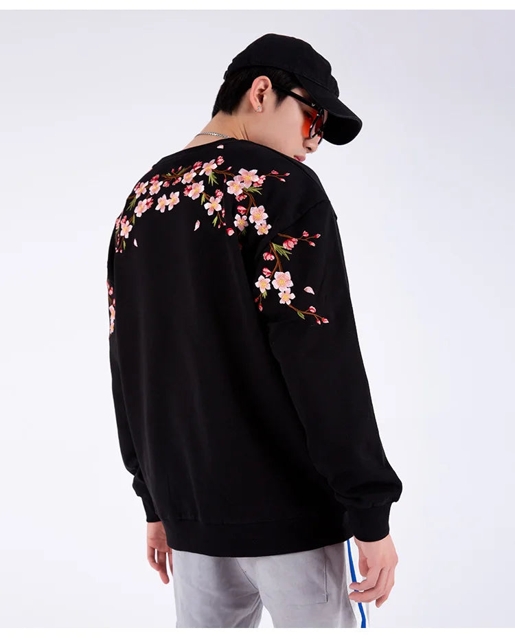 Floral Embroidery Unisex Pullovers Sweatshirt For Men Loose Fit Autumn Quality Cotton Fashion Casual Oversized Luxury Pull Homme