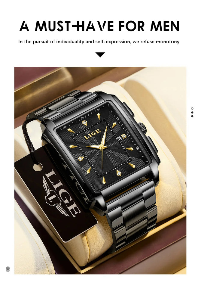LIGE Fashion Business Watch Men Square Sport Waterproof Watches For Men Top Brand Luxury Military Quartz Chronograph Wristwatch