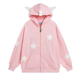 Japanese Kawaii Wing Hooded Loose Sweatshirt Women Autumn Long Sleeves Zipper Star Cardigan Oversized Coat Y2K Sweet Cute