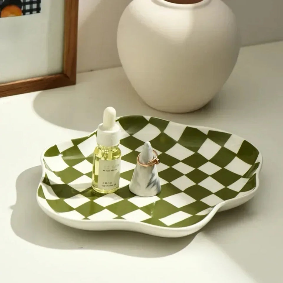 Ceramic Tray Checkerboard Jewelry Storage Plate Ring Earing Dessert Plate Home Decoration Retro Desk Organizer Kitchen Tableware
