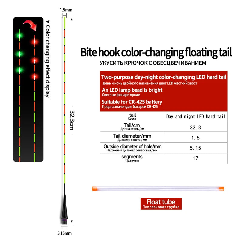 1PC LED Gravity Sensor Float Tail+1 Tube LED Light Buoy Color Change Tail Luminous Ocean Electric Fishing Tackle Accessories