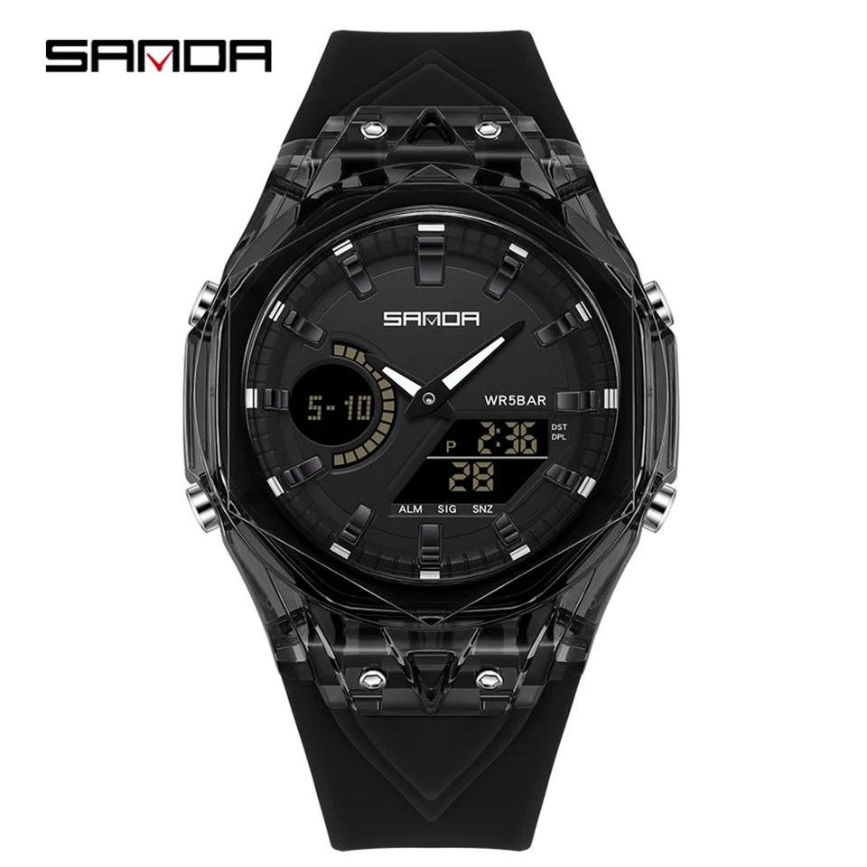 SANDA Top New 6283 Dual Display Multifunctional Student Electronic Watch Alarm Clock Night Light Waterproof Sports Student Watch