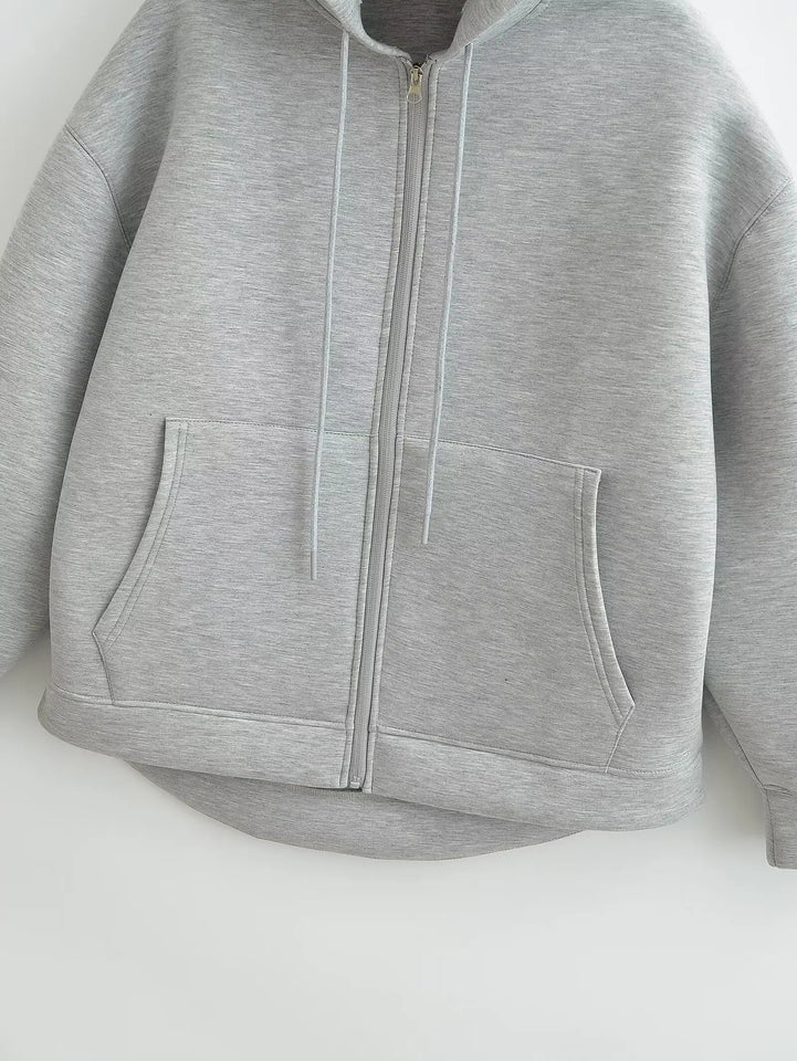 HH Autumn Women Gray Jacket With Hood Long Sleeve Big Pocket Zipper Jacket Coat Woman Loose Casual Outerwear Coat Tops