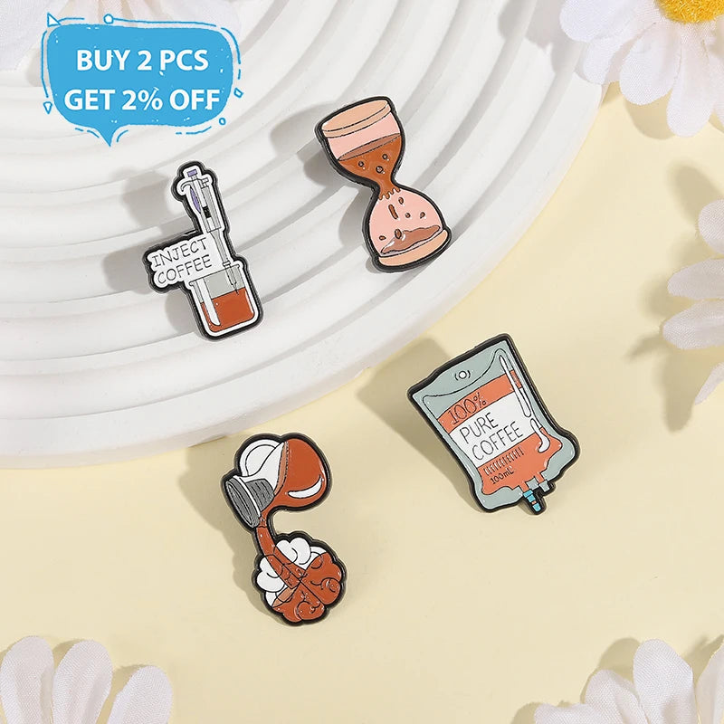 100% PURE COFFEE Enamel Pins Hourglass Coffee Lover Metal Brooches Fashion Lapel Badge Backpack Clothes Jewelry Gift for Friends