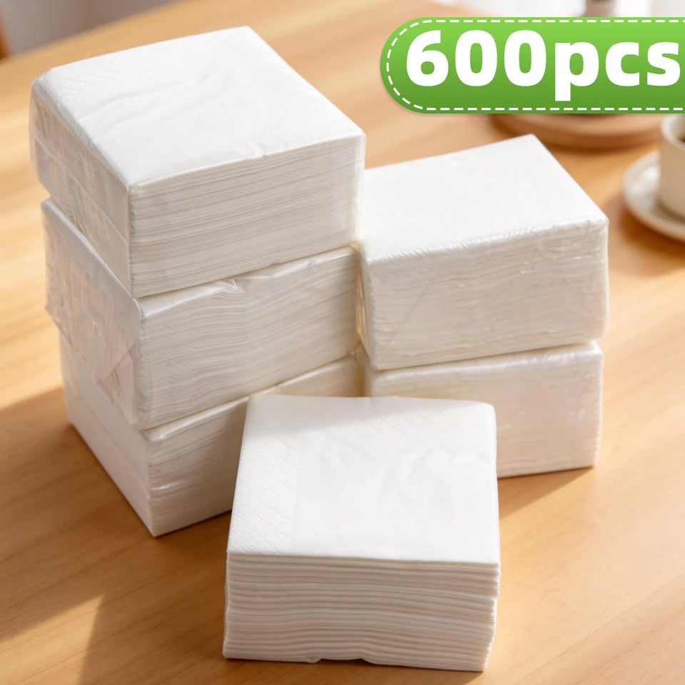 600 and 300 Pieces of White Napkins, 9× 9inch Double-Layer Disposable Dining Napkins, Foldable to 4.5× 4.5inch , Soft and Absorbent, Suitable for Home, Restaurant, Wedding, Party, and Commercial Use