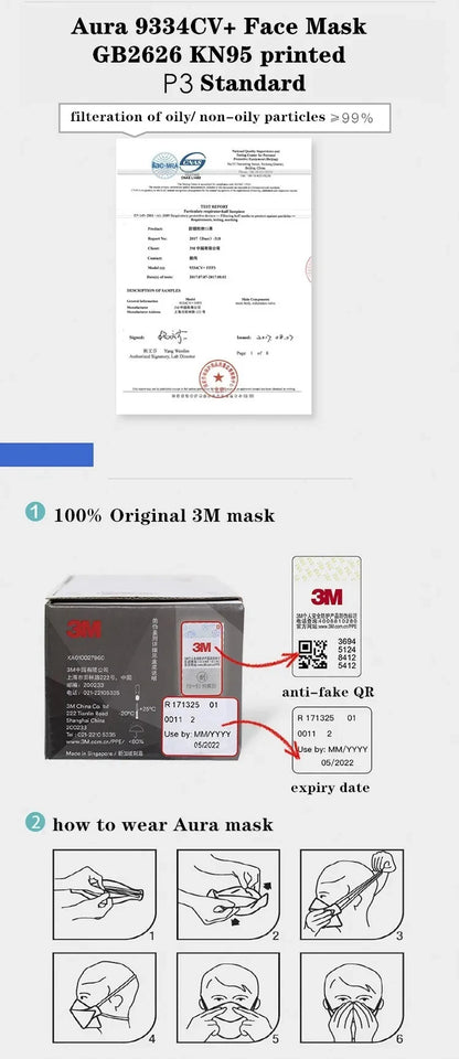 3M 9334CV Face Mask Aura Mascarilla Dust KN95 Mouth Masks Protective Filter Dust-proof Anti-fog Safety 3M Mascarillas