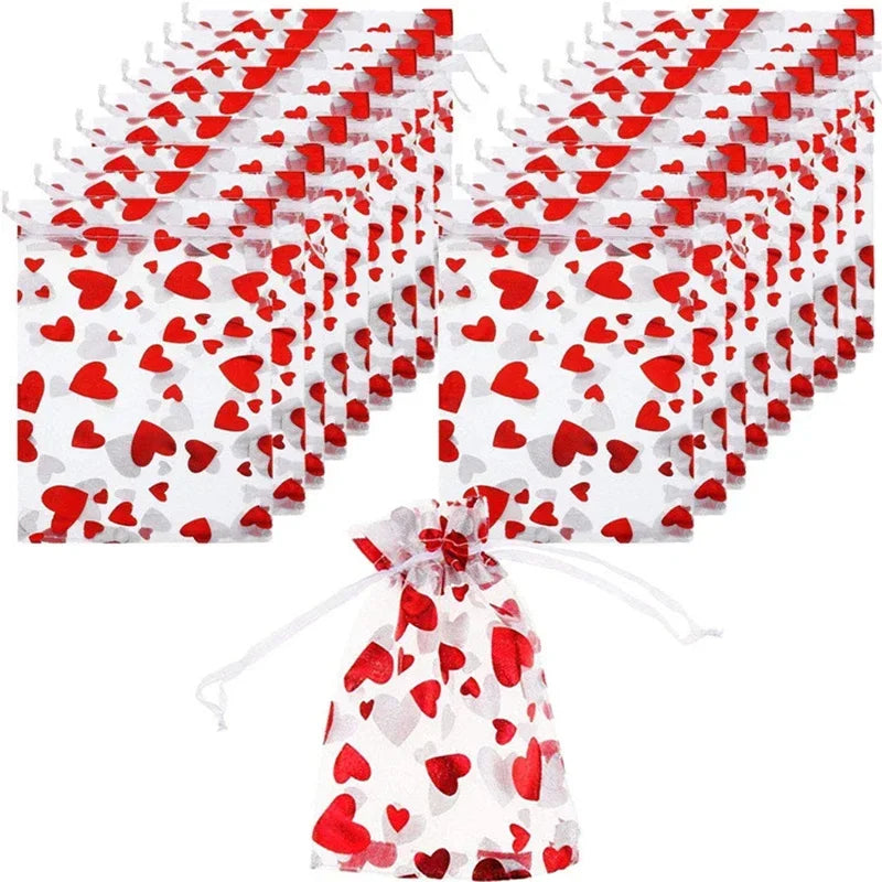 100Pcs Valentine's Day Organza Bag Love Heart Drawstring Jewelry Candy Gift Bag Pounch Cosmetic Packaging Bags Wedding Party