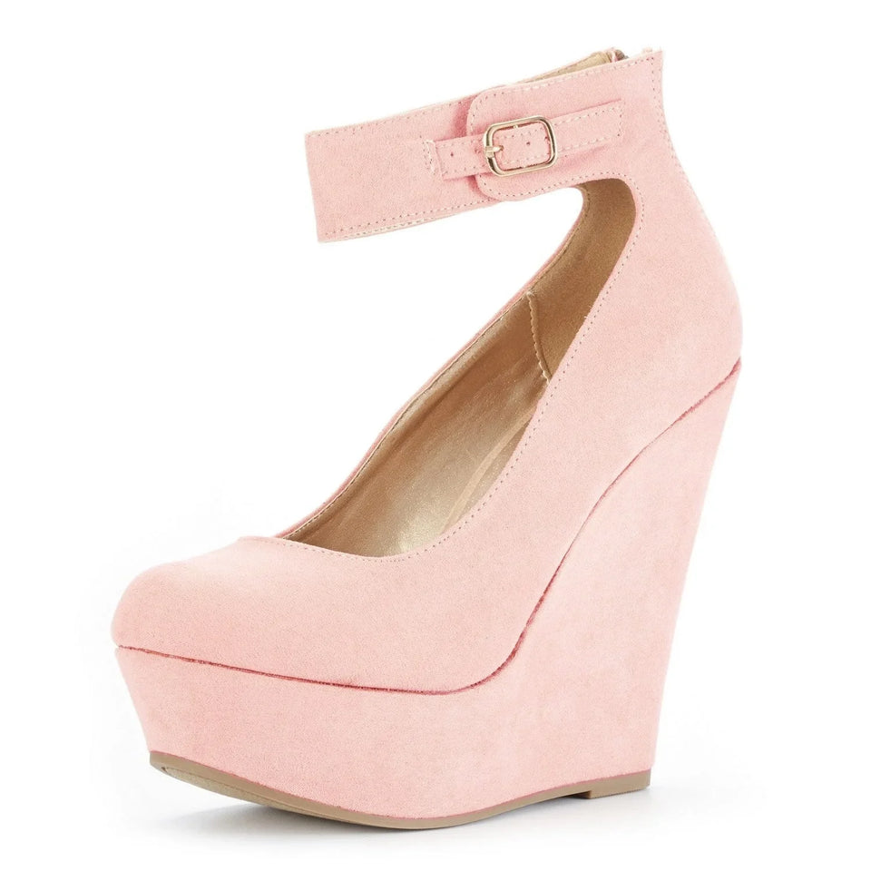 LOSLANDIFEN Women Shoes Flock Buckle Bowtie Ankle Strap High Heels Sexy 14cm Platform Wedges Female Pumps Red Wedding Shoe