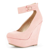 LOSLANDIFEN Women Shoes Flock Buckle Bowtie Ankle Strap High Heels Sexy 14cm Platform Wedges Female Pumps Red Wedding Shoe