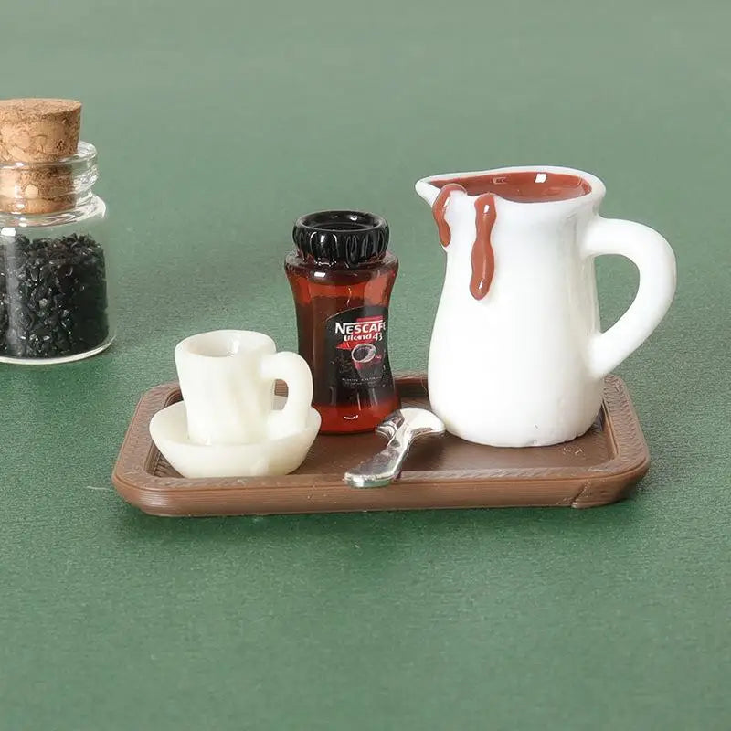 Handcrafted 7Pcs Miniature Dollhouse Coffee Cup Scene Model with Tray Plate, Perfect for Desktop Decoration