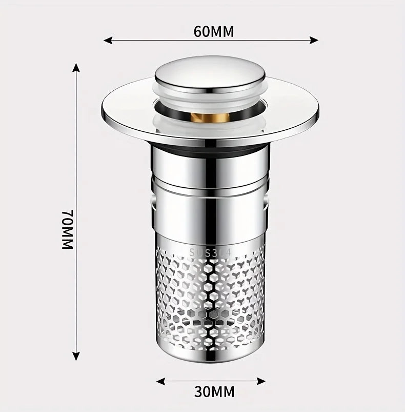 Press-Type Sink Drain Plug - Leakproof Stainless Steel | Fits Kitchen & Bathroom Sinks | Easy Install Anti-Clog Drain