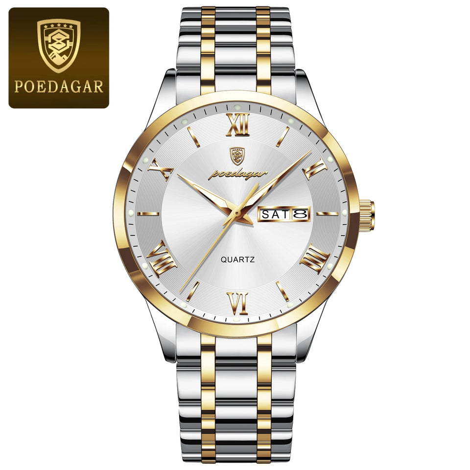 POEDAGAR Luxury Man Clock Waterproof Luminous Week Date Fashion Men's Wristwatch Stainless Steel Business Quartz Watches For Men